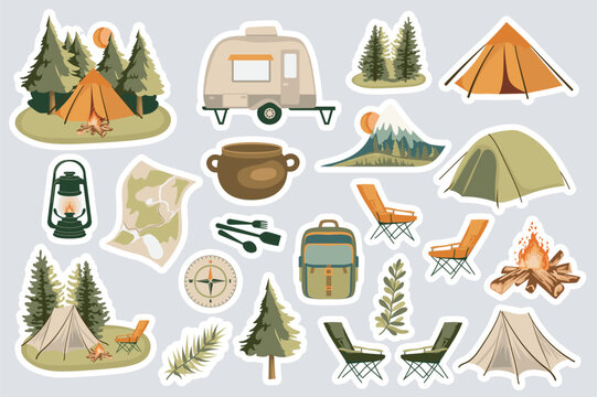Camping stickers set in flat design. Collection labels with camp tent at forest, travel trailer car, lantern, backpack, chairs, campfire, hiking compass, trees, mountains, other. Vector illustration.