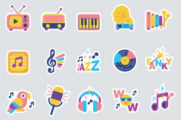Aufkleber - Music stickers set in flat design. Collection labels with television, radio, piano, gramophone, xylophone, musical note, jazz, vinyl disc, fanky, microphone, headphones, other. Vector illustration.