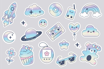 Aufkleber - Retro Y2K hologram stickers set in flat design. Collection labels with rocket, cloud, music disk, player, rainbow, moon, planet, cassette, balloon, emoji, flower, cupcake, other. Vector illustration.