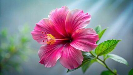Poster - A Delicate Pink Hibiscus Blossom with Vibrant Green Foliage, Captured in Soft, Natural Light