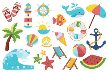 Aufkleber - Summer stickers set in flat design. Collection labels with beach shoe, lighthouse, ship wheel, fish, whale, umbrella, lifebuoy, watermelon, ocean wave, starfish, ice cream, other. Vector illustration.