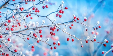 Aufkleber - Winter's Embrace A Frosty Branch Adorned with Vibrant Red Berries