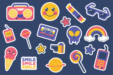 Aufkleber - Y2K stickers set in flat design. Collection labels with smile, candy, glasses, player, lollipop, cassette, alien, rainbow, ice cream, stars, planet, photo film, telephone, other. Vector illustration.