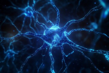 Fototapete - Abstract navy blue network background with luminous blue nodes and gradient effects in digital space