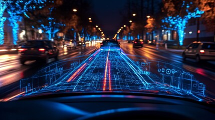 Aufkleber - Advanced connectivity and automation in transportation enable vehicles to interact with smartroads, ensuring safer mobility in illuminated urban areas after dark.