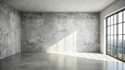 Fototapete - Empty industrial loft space with large window showcasing natural light and textured concrete walls