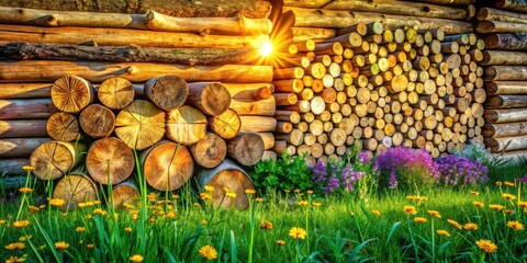 Poster - Sunlit Wooden Wall with Stacked Logs and Blooming Flowers in a Lush Garden