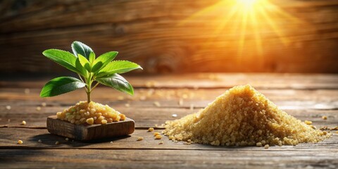 Aufkleber - A vibrant young plant sprouts from a bed of golden granules, juxtaposed against a larger pile of the same substance, bathed in warm sunlight on a rustic wooden surface.