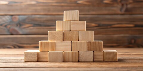Poster - Wooden blocks arranged in a pyramid shape on a rustic wooden surface