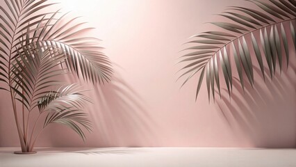 Poster - Serene Minimalist Studio Scene with Elegant Palm Fronds Casting Soft Shadows on a Pale Pink Wall