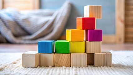 Poster - A colorful arrangement of wooden blocks forms a playful structure on a soft surface, a scene of childhood creativity and development in a cozy domestic setting.