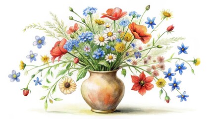 Poster - A vibrant array of wildflowers, including poppies and daisies, artfully arranged in a rustic earthenware vase, a picturesque display of nature's beauty