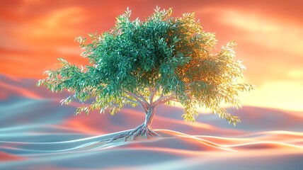 Poster -  A symbolic Tree of Life standing alone in a vast desert, its roots deep and branches reaching for the sky, representing resilience and hope