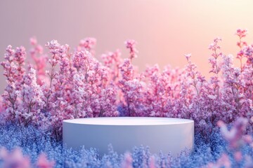 Poster - White podium displaying surrounded by pink and purple flowers in a spring landscape