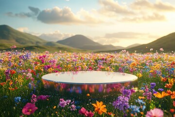 Poster - Round metallic podium showcasing products in a blooming flower field with mountain vista