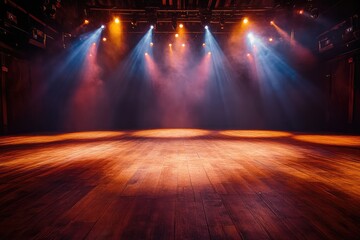 Aufkleber - Stage lights illuminating empty wooden floor in theatre