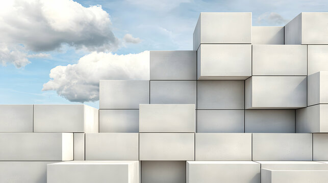 Abstract White Concrete Cube Structure Against Blue Sky