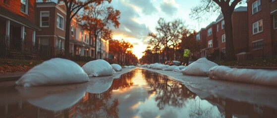 Poster - Climate Resilience Urban Flood Mitigation Strategies Revealed - Adaptive Infrastructure and Emergency Response Landscape at Golden Hour