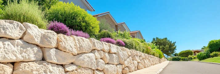 Poster - Sustainable Urban Development High-End Residential Landscape with Eco-Engineered Stone Retaining Walls, Green Infrastructure, and Modern Suburban Design Aesthetic