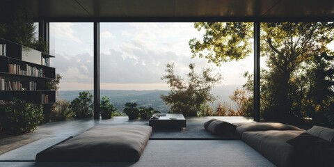 Leinwandbilder - Minimalist Zen Retreat Panoramic Nature-Integrated Living Space Showcasing Mindful Design, Sustainable Architecture, and Holistic Urban Wellness Lifestyle