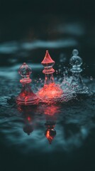 Poster - Cinematic Liquid Dynamics High-Speed Water Droplet Collision Revealing Ethereal Chess Piece Silhouettes in Moody Macro for Digital Art and Science Visualization