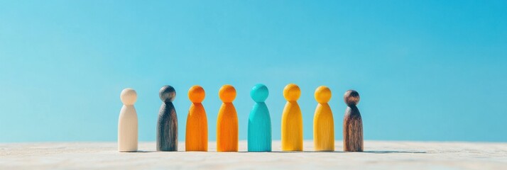 Poster - Inclusive Leadership Visualization Minimalist Wooden Figurines Representing Diverse Team Dynamics, Adaptive Workforce Innovation and Collaborative Potential