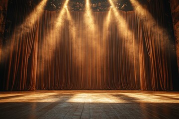 Aufkleber - Spotlights illuminating closed stage curtains and wooden floor