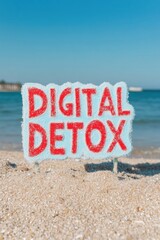 Poster - Mindful Tech Escape Ephemeral Digital Detox Concept on Sandy Shore - Wellness Trend Visualization for Mental Health and Productivity Strategies