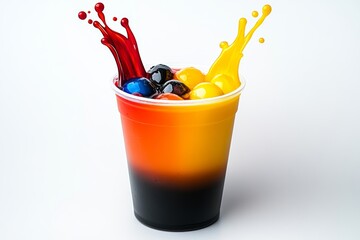 Poster - Three cups of different colors with a splash of color in the middle. The cups are arranged in a row, with the blue cup on the left, the orange cup in the middle, and the red cup on the right