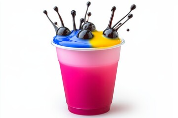 Poster - Three cups of different colors with a splash of color in the middle. The cups are arranged in a row, with the blue cup on the left, the orange cup in the middle, and the red cup on the right