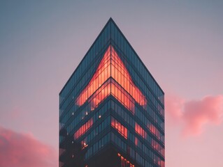Leinwandbilder - Urban Luminescence Geometric Glass Skyscraper Capturing Sunsets Radiant Energy - Innovative Architectural Design Symbolizing Corporate Vitality and Modern Metropolis Transformation