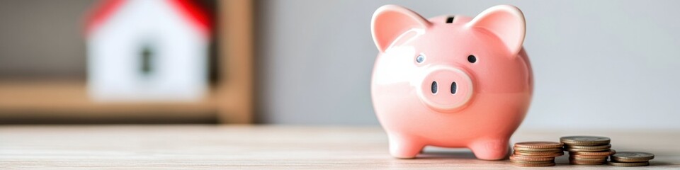 Poster - Minimalist Financial Wellness Smart Saving Strategy with Pastel Pink Piggy Bank and Modern Home Investment Visualization for Millennial Wealth Planning