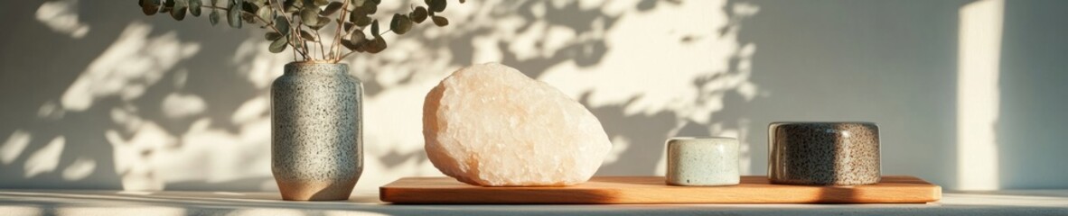 Poster - Minimalist Wellness Sanctuary Sculptural Salt Stone and Botanical Zen Decor - Holistic Lifestyle for Mindful Interior Styling