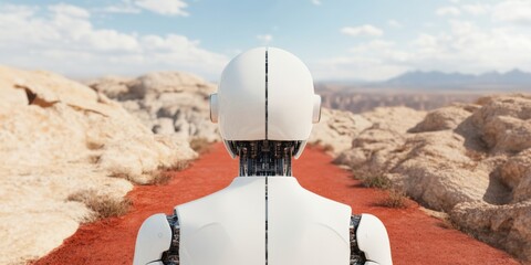 Fototapete - Technological Crossroads AI-Powered Robotics Transforming Industrial Landscapes - Futuristic Innovation Meets Adaptive Machine Intelligence