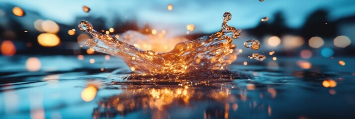Aufkleber - Luminescent Water Droplet Dynamics Macro Capturing Fluid Motion Design with Golden Bokeh Illumination - Innovative Visual Technology and Creative Scientific Visualization