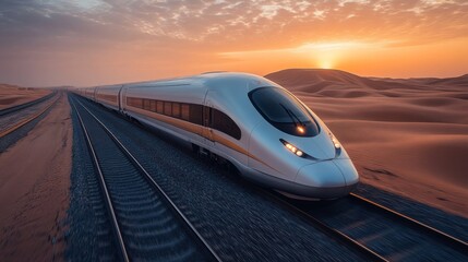Aufkleber - A smart train moves swiftly along railway tracks in a vast desert during sunset, highlighting innovations in logistics, automation, and mobility solutions.