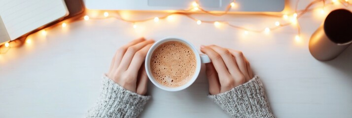 Poster - Cozy Digital Nomad Workspace Minimalist Winter Warmth with Soft Fairy Lights, Hygge-Inspired Remote Work Aesthetic for Millennial Productivity