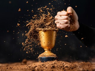 Poster - Explosive Achievement Dramatic Gold Trophy Shattering with Dynamic Soil Burst - Next-Gen Performance Visualization for Competitive Mindset Marketing