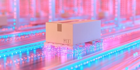 Fototapete - AI-Powered Logistics Revolution Hyper-Connected Cardboard Shipping Box on Neon Cybernetic Conveyor - Next-Generation Smart Distribution Technology