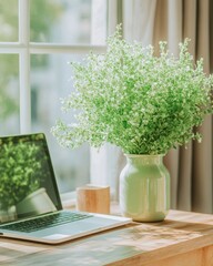 Poster - Serene Remote Work Sanctuary Minimalist Home Office with Fresh Green Botanical Decor, Natural Light and Wellness-Focused Productivity Aesthetic