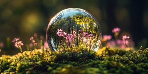 Poster - Eco-Conscious Future Vision Miniature Forest Biosphere in Crystal Glass Globe - Climate Resilience and Environmental Education Imagery for Global Sustainability Campaigns