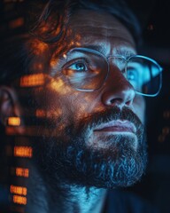 Fototapete - Cyberpunk Visionary Immersive Tech Portrait Revealing Emotional Data Intelligence with Cinematic Lighting and Futuristic Professional Aesthetic
