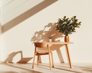Poster - Minimalist Zen Workspace Warm Wooden Furniture and Indoor Plant Sanctuary - Biophilic Design for Calm Productivity and Contemporary Home Office Aesthetics