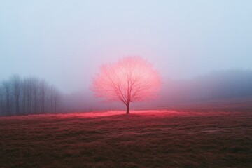 Poster - Ethereal Landscape Visualization Luminescent Tree in Surreal Atmospheric Dreamscape - Innovative Digital Art and Contemplative Environmental Storytelling