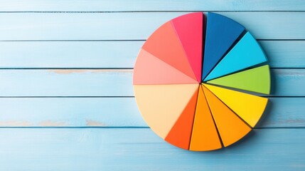 Aufkleber - Vibrant Investment Strategy Visualization Minimalist Pie Chart on Blue Wood Backdrop - Financial Planning Insights for Modern Portfolio Optimization and Digital Wealth Management