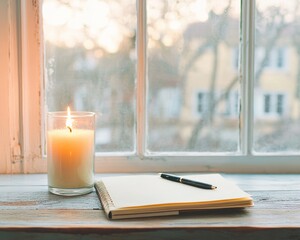 Poster - Mindful Workspace Aesthetic Soft-Glow Hygge Home Office with Contemplative Journaling and Warm Candlelight - Wellness-Driven Productivity Inspiration