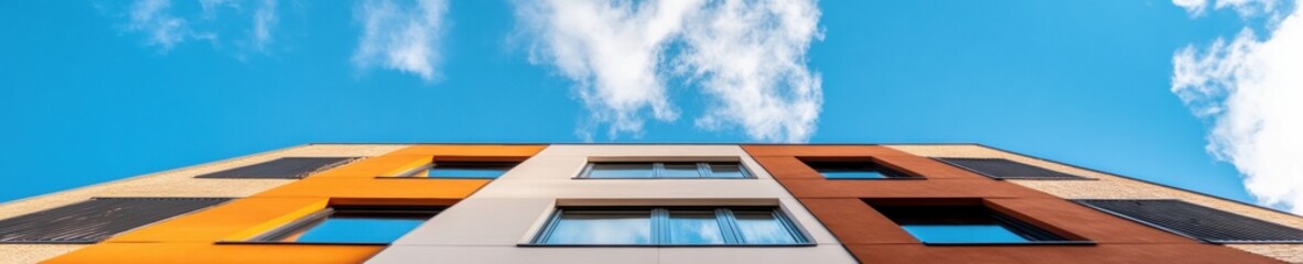 Aufkleber - Urban Architectural Innovation Dynamic Glass and Geometric Terracotta Facade Showcasing Modern Corporate Design for Contemporary Business Environments