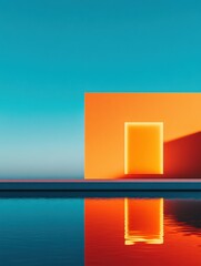 Aufkleber - Minimalist Architectural Harmony Geometric Sunset Reflection Showcasing Modern Design Aesthetics and Chromatic Spatial Tranquility in Contemporary Landscape