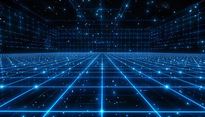 Poster - futuristic digital grid with glowing blue lines creates sense of depth and infinite space, evoking high tech, virtual environment. starry background adds cosmic feel