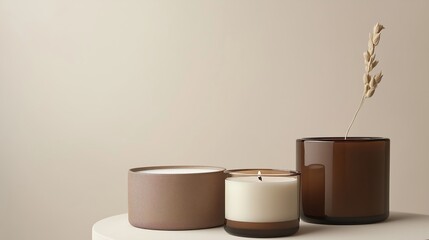 Poster - elegant display of minimalist candles and decorative plant on a simple table in soft natural light